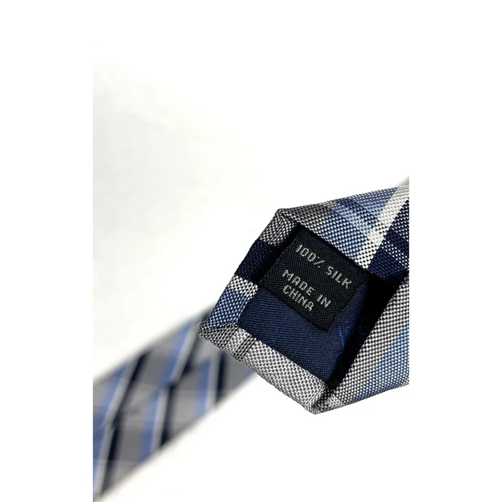 Jos A Bank 100% Silk Navy Blue Monochrome Classic Plaid and Stripes Tie Men's